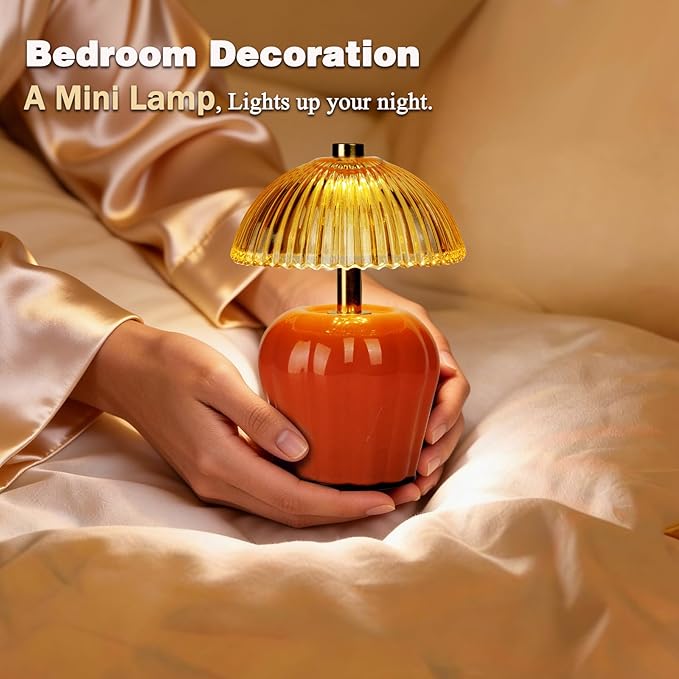 MJ PREMIER Small Cordless Lamp, Battery Operated Lamp with Timer, Mini Crystal Glass Mushroom Lampshade, Cute Small Table Lamps, Decorative Led Light for Bedroom Living Room Shelf (Orange)