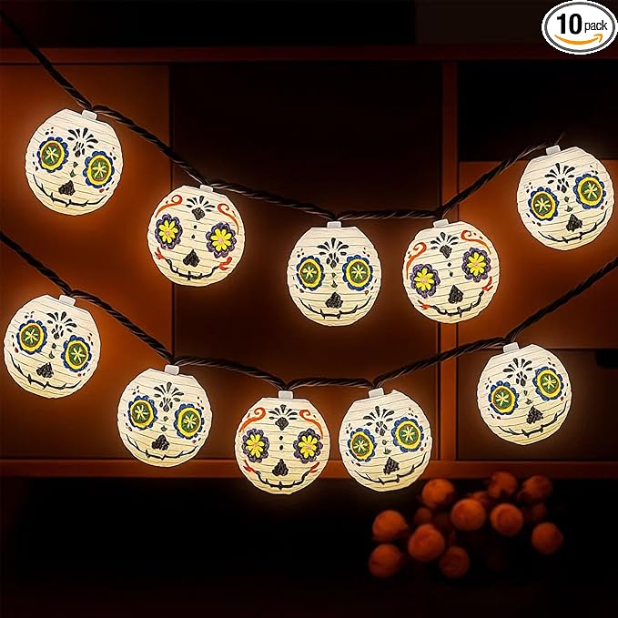 Halloween Jack Skellington Ghost Lights, 8.5FT Connectable String Lights with 10 LED Nylon Lanterns, Indoor Outdoor Halloween Decorations for Bedroom, Party, Fireplace, Yard