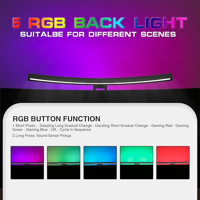 Curved Monitor Light Bar with RGB Backlight,3 Color Temperatures & Stepless Dimming,Music Sync LED Screenbar with Touch Control Button for Over Computer Screen