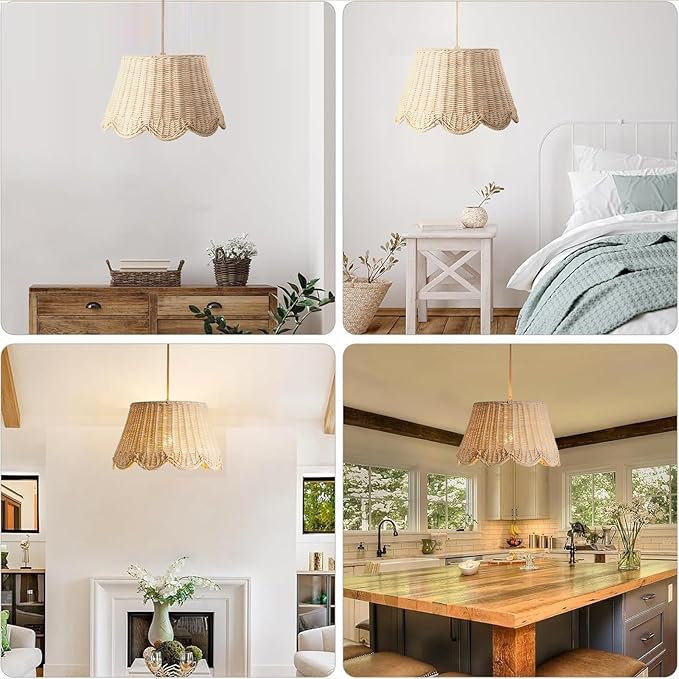 Plug in Scalloped Pendant Light, Rattan Hanging Lights with Plug in Cord 15FT Hemp Rope Cord, Dimmable Switch – Indoor Hanging Lamps for Boho Living Room Bedroom（Bulb Included） (Natural)