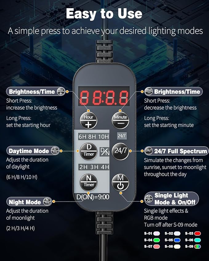 Pawfly 38 W Aquarium LED Light for 36" to 48" Tanks 24/7 Extendable Fish Tank with Full Spectrum IP68 Waterproof Light with D/N Mode Single Color Effects Timer and Adjustable Brightness