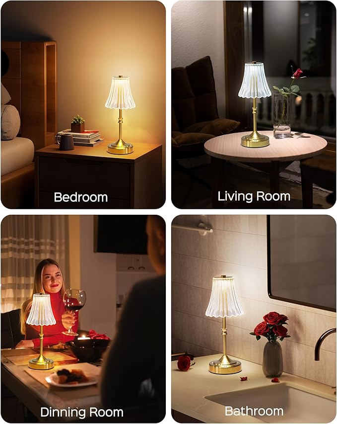 JACKYLED Vintage Cordless Table Lamp, Acrylic Crystal Flower Lamp Shade, 3 Colors Dimmable LED Golden Lamp, 5400mAh Battery Operated Rechargeable Lamp for Kitchen Counter Home Decor