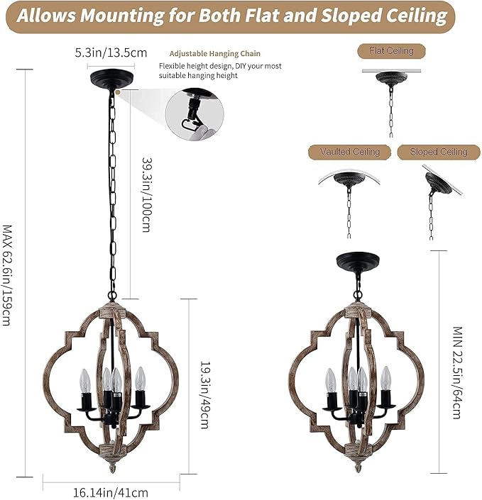 16.14" 4-Light Farmhouse Wood Chandelier, Rustic Orb Pendant Lighting Fixture with Adjustable Chain, Vintage Ceiling Hanging Lights for Foyer Entryway Dining Room Kitchen Island, Handmade Oak Finish