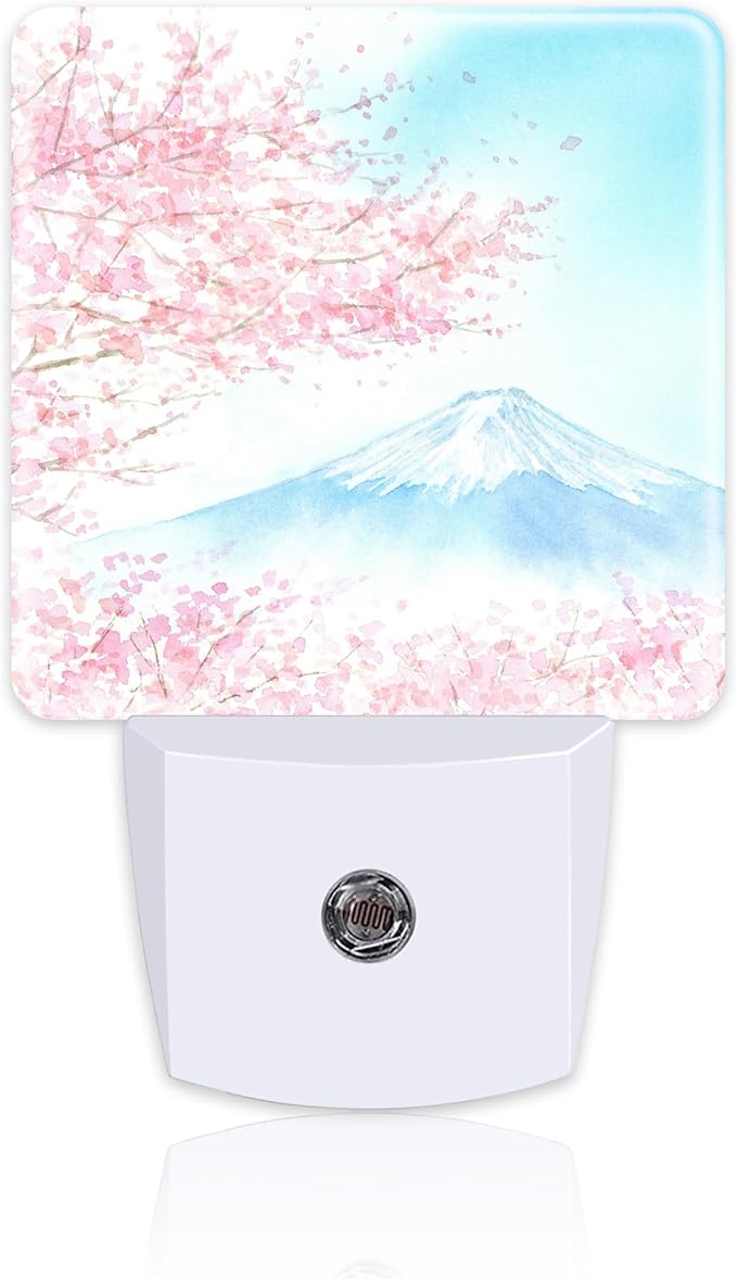 Cherry Blossoms with Mountain Fuji Night Light Plug into Wall, Watercolor Pink Flowers Dusk to Dawn Night Light,0.5w Energy Saving Sleep Friendly Nightlights for Kids Boys Girls Home