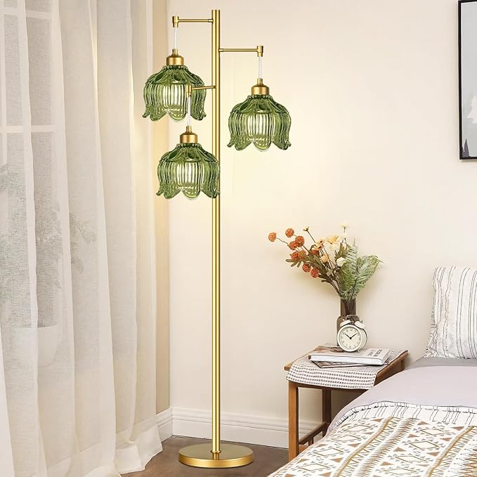 Gold Floor Lamp for Living Room,Bedroom,Mid Century Modern Standing Lamp Brass Tree 3 Light Tall Floor Lamps Vintage Retro Floor Lights Glass Green Flower Lamp Shade Farmhouse Boho Bohemian