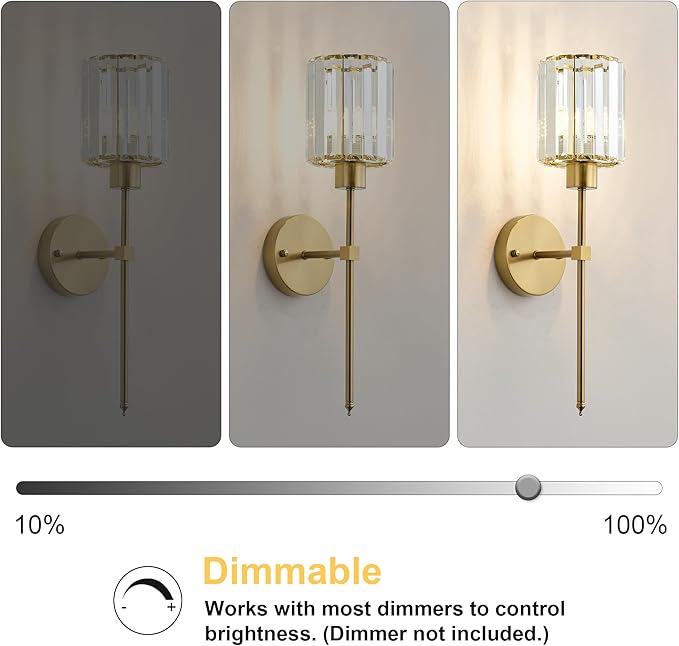 Hardwired Crystal Wall Sconces Set of Two - Dimmable Wall Light Fixtures 3000K, Warm White, for Hallway, Bathroom, Living Room, Bedroom, Brass, 20.1 Inch