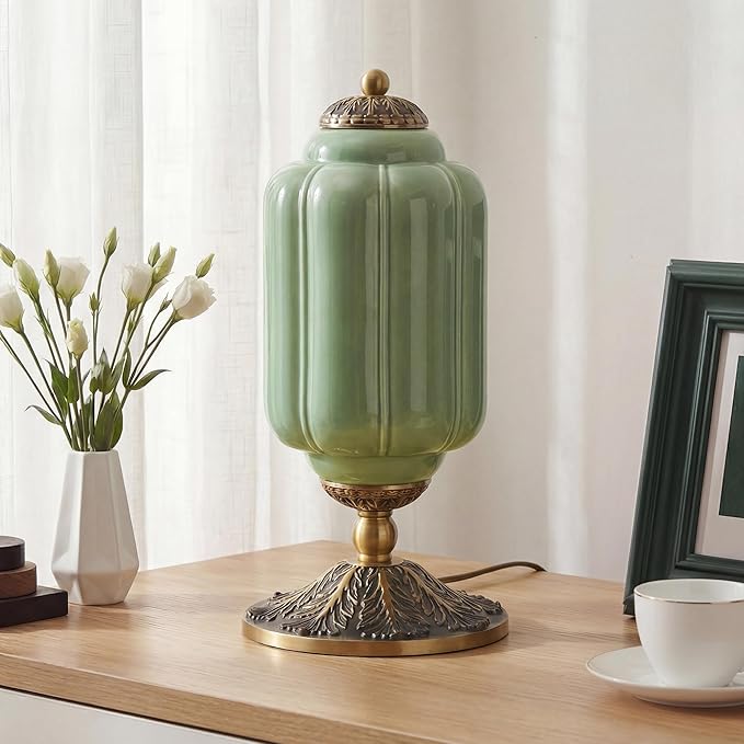 Milk Glass Table Lamp - Modern Farmhouse Design with Antique Brass Finish Base, Green Desk Light for Living Room & Bedroom Decor (Green 15")