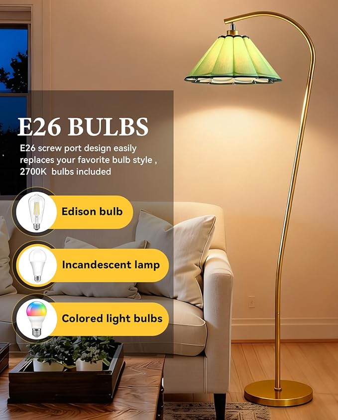 Floor Lamp with Pleated Linen Lampshade, Modern Flower Floor Lamp for Living Room Arc Standing Lamp, Gold Tall Lamp for Bedroom Office Dining Room, Bulb Included (Gold + Green, 65IN)