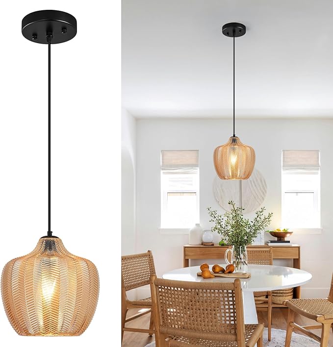 Amber Glass Pendant Lights Kitchen Island 1 Light 9.25 in Glass Globe Pendant Light Fixture Adjustable Modern Farmhouse Pendant Lighting for Bedroom Dining Room (1 Pack)