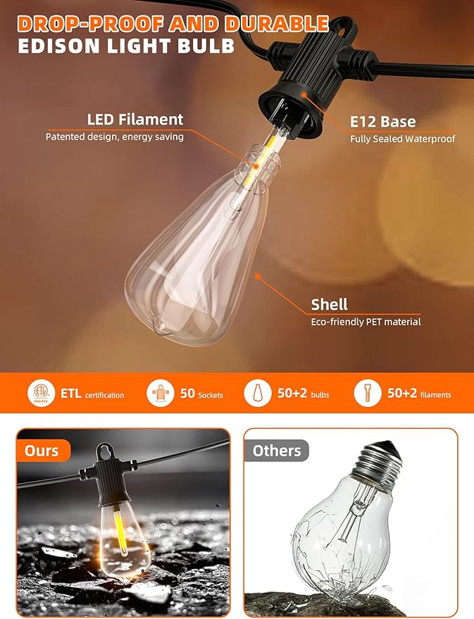 Kawaya Solar Powered String Lights for Outside: 100 FT LED Outdoor Patio Lights with USB-Charging - IP65 Waterproof Hanging Light - 50+2 Shatterproof Edison Bulbs for Bistro Cafe Camp Yard Balcony