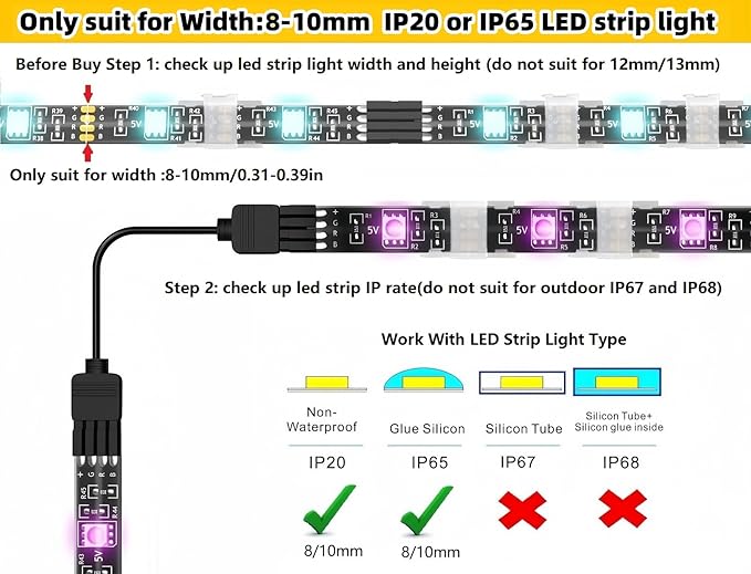 Threetwofour 100 Pack Double Installation LED Strip Light Mounting Bracket Self Adhesive LED Clips Only use for Width 8-10mm/0.31-0.39in Height<2.8mm/0.11in Indoor LED Strip Light with 102PCS Screws