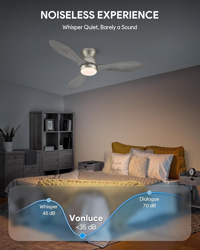 VONLUCE Ceiling Fans with Lights, 42 Inch Ceiling Fan and Remote, 6-Speeds Noiseless Reversible DC Motor, 3CCT, Wood Ceiling Fan for Farmhouse Bedroom Indoor Outdoor, Nickel