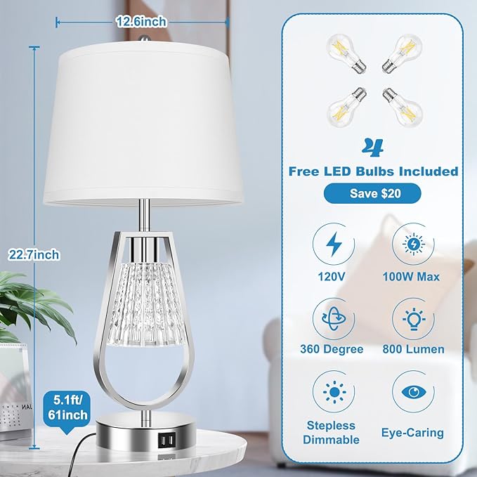 VerRon Table Lamp with Night Light Set of 2, Touch Control Bedside Lamps with 2 USB Ports, Dimmable Nightstand Lamps for Bedroom, Living Room Table Lamps with White Shade & 4 Bulbs, Brushed Nickel