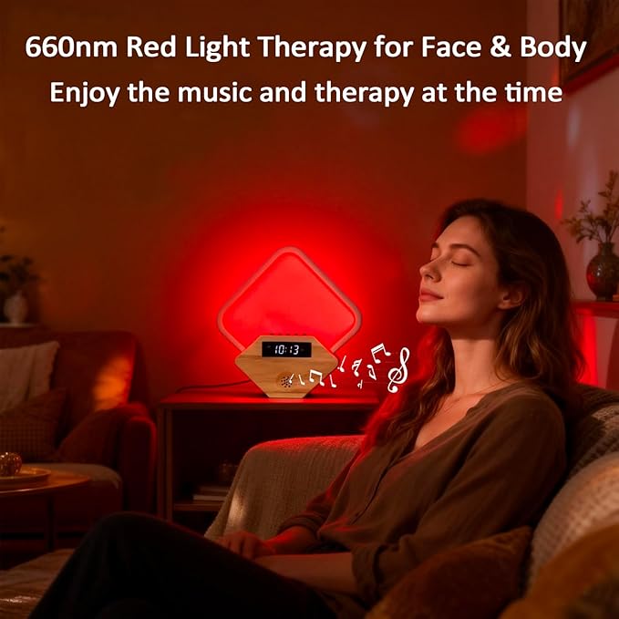 Red Light Therapy for Sleeping and Face 660nm Infrared with Sunrise Alarm Clock White Noise Machine 15 Soothing Sounds Sleep Aid 30/60/90min Timer 10 Alarm Ringtones USB C PD Phone Charger