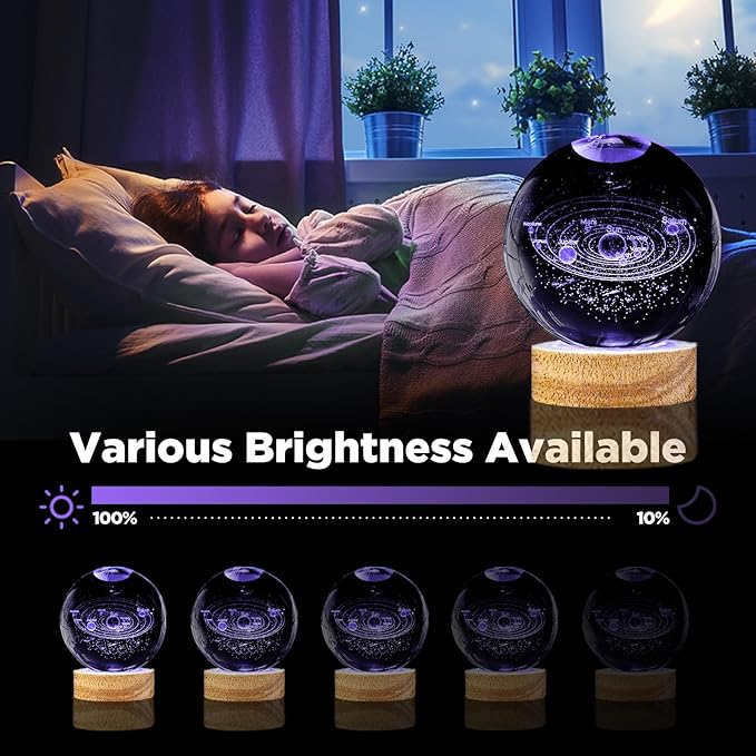 3D Solar System Crystal Ball Night Light with 16 Color Wooden LED Base Upgraded 3.15 In Galaxy Planets Ball Lamp with Remote for Birthday Christmas, Astronomy Space Gifts for Boys Girls Kids