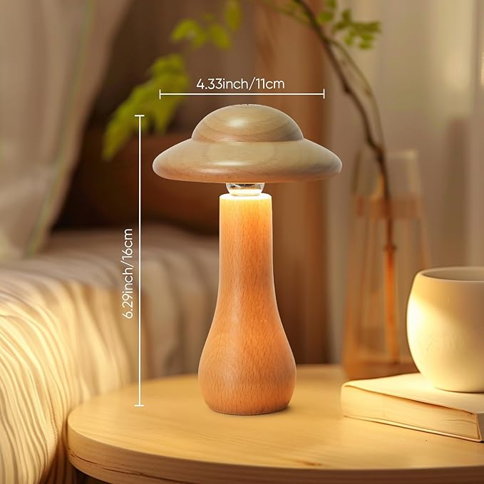 Portable Cordless Touch Switch Small Wooden Mushroom Lamp,Rechargeable Battery Operated, Stepless Dimming, 360 Degree Rotation Angle Adjustable Night Light