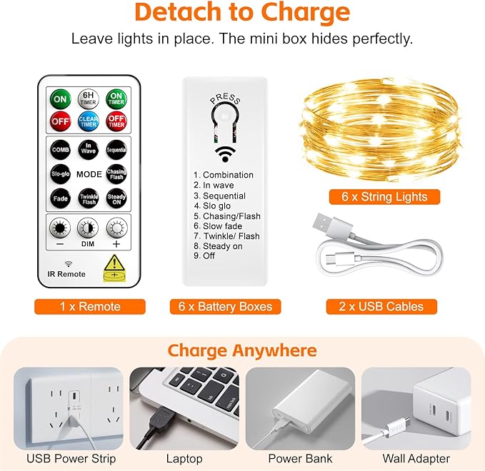 6 Pack Rechargeable Fairy Lights with Remote & DIY Timer, 7ft 20LED Dimmable Silver Wire String Light for Mason Jar, Mini Twinkle Lights for Indoor Christmas Bedroom Wedding Decor, Warm White