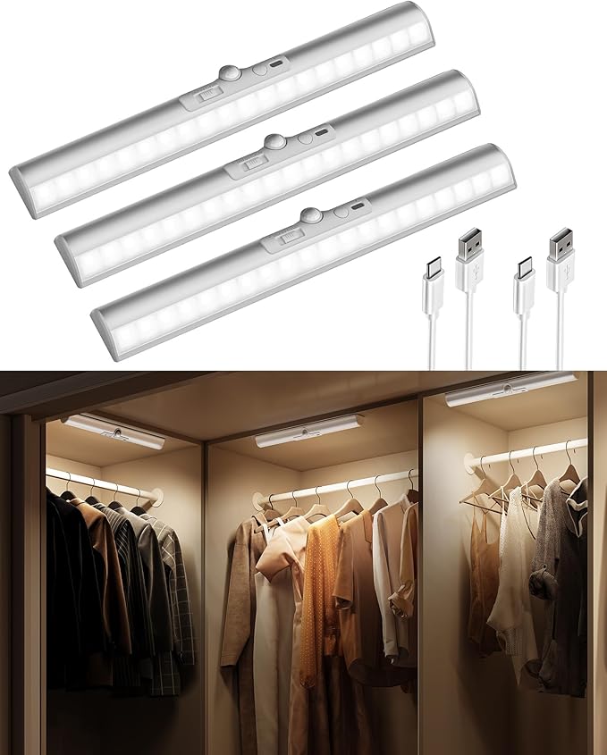 EZVALO 3 Pack Motion Sensor Closet Light with Eye-Protection Design, 1800mAh Rechargeable Under Cabinet Lighting, 3 Color Temps Night Light for Pantry, Stair