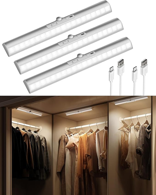 EZVALO 3 Pack Motion Sensor Closet Light with Eye-Protection Design, 1800mAh Rechargeable Under Cabinet Lighting, 3 Color Temps Night Light for Pantry, Stair