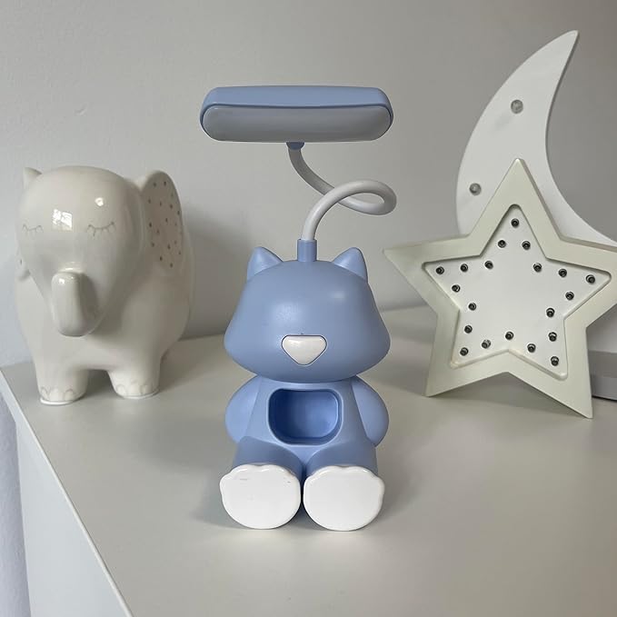 Cute Cat LED Desk Lamp with Phone Stand – Flexible Gooseneck, Rechargeable Battery, Small Organizer Compartment – Night Light for Kids' Rooms or Nursery (Blue)