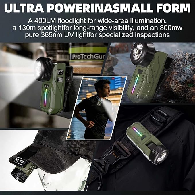 Rechargeable Flashlights EDC Clip-on Light, Bright 680 Lumens Pocket Flashlight, Combines Spotlight/Floodlight/RGB Light, Magnetic, IPX6 Waterproof for Cycling, Repairing (Green)