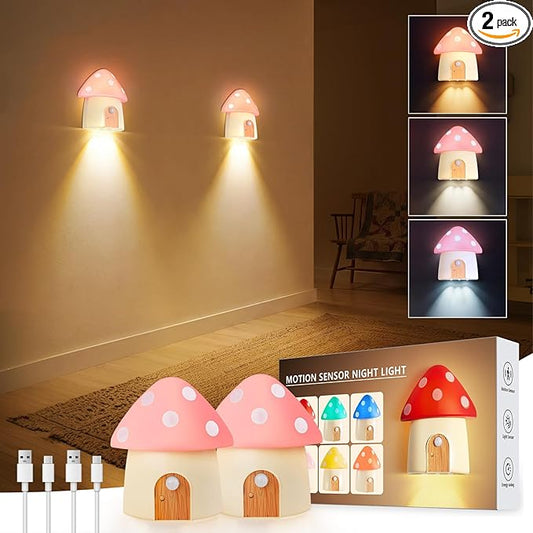 Mushroom Night Light, Rechargeable Motion Sensor Lights, 3 Color Temperatures 3000/4500/6000K & Dimmable Nightlight, Portable Led Night Lamps for Wall, Bedroom, Hallway, Pink, 2 Pack