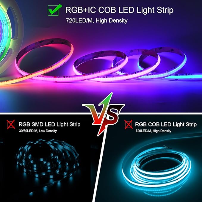 INDARUN 24V RGB Smart IC COB Led Strip Light 16.4ft/5M, 720LEDs/M 12mm Width, Christmas Light, Color Chasing Addressable Flexible Led Tape Light for TV Backlight(Without Controller&Adapter)