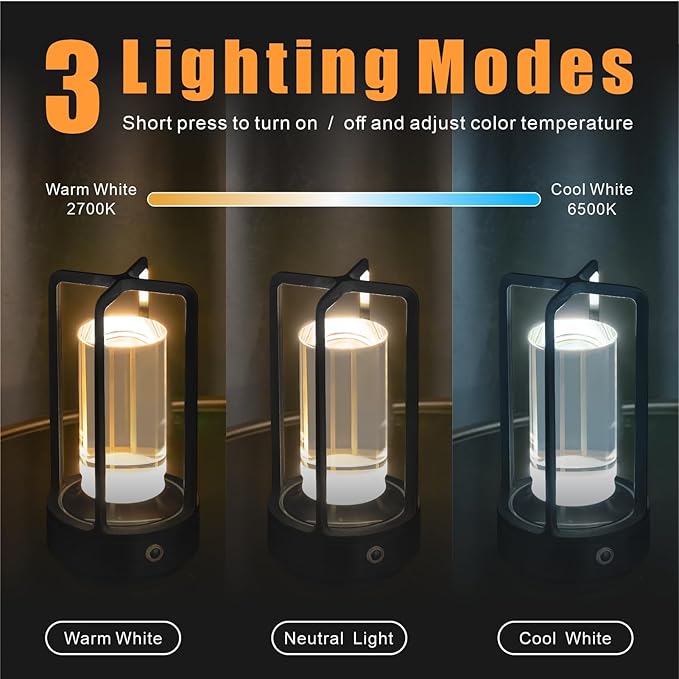 Rechargeable Table Lamp Cordless, 3 Color | Crystal | Stepless Dimming, for Dining Room, Living Room, Bar, Cafe, Restaurant, Patio, Camping, Pack of 2 (Black)