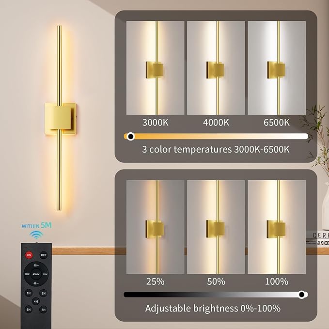 Torchlet Battery Operated Wall Sconces Set of 2 with Remote Control,DIY Independent Rotation Picture Lights,3000K-6000K Dimmable LED Rechargeable Wall Lights for Living Room Bedroom, 28.3'' Gold