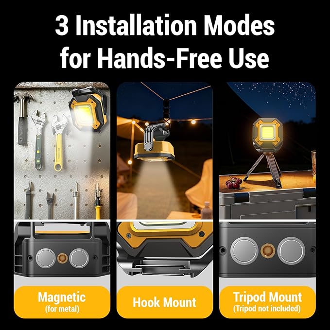 2 Pack Rechargeable LED Work Light, 6000mAh 16 Hours Long-Lasting Cordless Magnetic Light, IPX5 Waterproof, 360°Rotate Portable Flashlights, Battery Lamp for Car Repair&Camping, Gifts for Men
