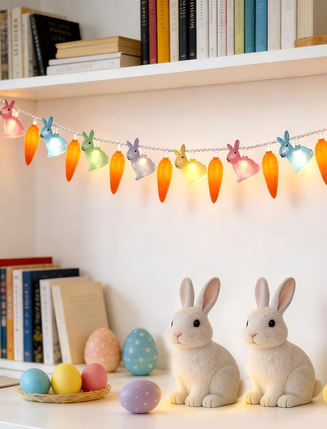 12Ft Easter String Lights Plug in - 20 LED 3D Pastel Bunny & Carrot Fairy Lights, Connectable & Waterproof Spring Decor for Indoor Outdoor Home, Mantel, Bedroom, Party, Garden (White Wire)