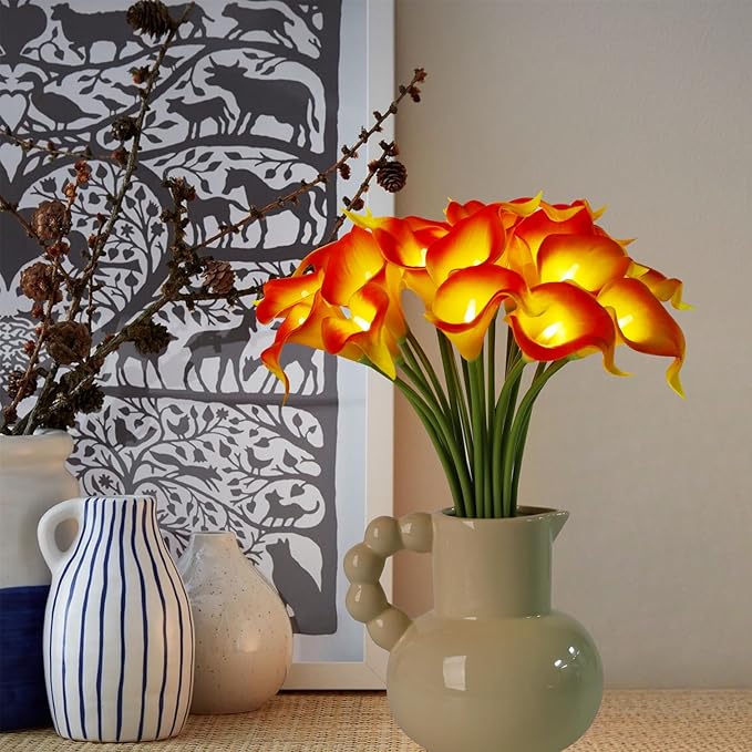 LED Lighted Artificial Flowers Calla Lily Bouquet Lamp 20 stems Real Touch Calla Faux Flower Lights for Valentine's Day Gift and Easter Home Kitchen Wedding Dining Table Decor(Orange, No Vase)