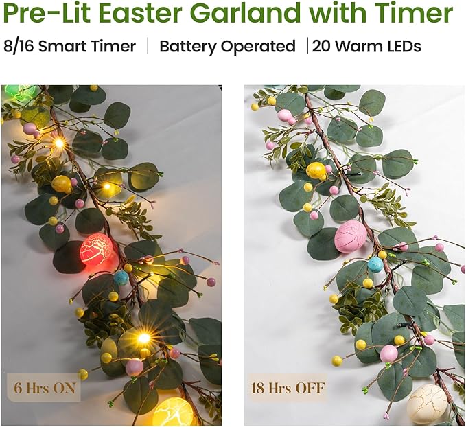 Easter Decorations 6FT Prelit Lighted Easter Garland, Eucalyptus Garland with Easter Eggs, Berries & Buds - 20 LED Lights 8 Modes with Timer, Battery Operated for Mantle Door Table Home Indoor Outdoor