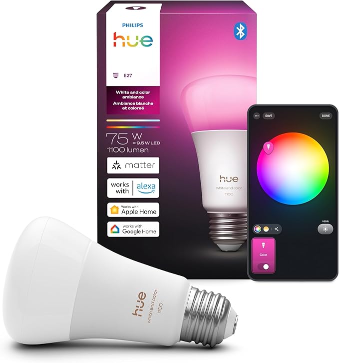 Philips Hue Smart LED A19 Bulb 1-Pack, White & Color Ambiance, E26 Base, 10.5W, Full Spectrum Light 1000K-20000K, 1100 Lumens, Dimmable, Works with Alexa, Google, Apple