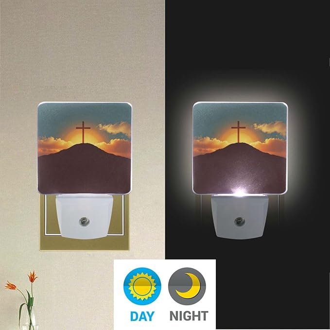 Vdsrup Easter Cross Sunrise Night Light Set of 2 Mountain He is Risen Plug-in LED Nightlights Auto Dusk-to-Dawn Sensor Lamp for Bedroom Bathroom Kitchen Hallway Stairs