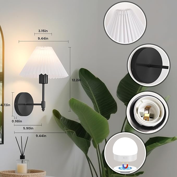 Battery Operated Wall Sconces Set of 2,Black Rechargeable Wall Lights with Remote,Dimmable Wall Lamp with Pleated Shades,15 Colors Wireless Bathroom Vanity Wall Light for Bedroom Living Room Hallway
