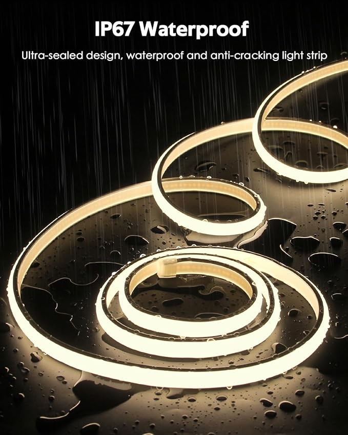 16.4FT COB LED Strip Lights 3000K Warm White Led Rope Lights Outdoor Waterproof with Switch Plug In 288Leds/M High Density AC110V-120V LED Tape Lights for Bedroom Backyards Holiday Decorations