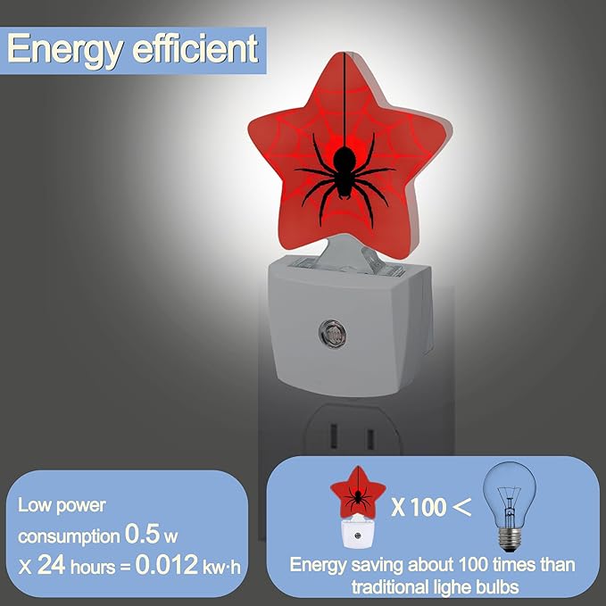 Halloween Spider Night Lights Plug Into Wall,Red Spider Web Star Night Light for Kids,Nightlight with Dusk to Dawn Smart Sensor for Bedroom Bathroom Decor,Children Women Men Gift