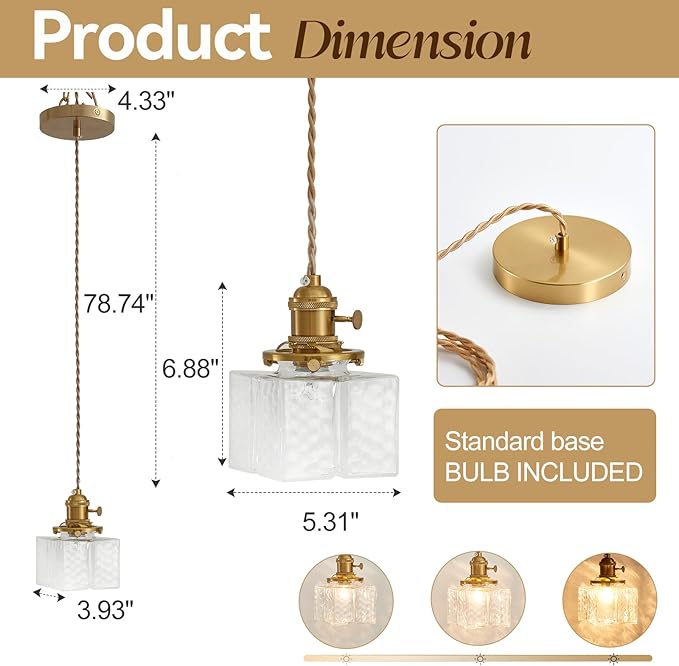 Hanging Pendant Light, Antique 5.31 Inch Pendant Lights with Light Bulb Retro Glass Shade Easy Installation Braided Light Cord Hanging Lamp for Living Room, Bedroom and Dining Room