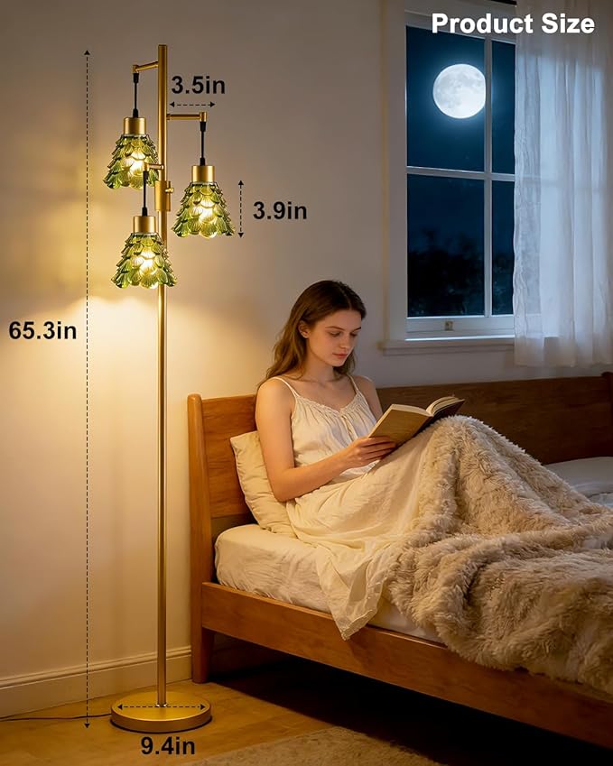 Glass Floor Lamps for Living Room, 67'' 3-Light Dimmable Floor Lamp with Green Glass Shade& E12 Bulbs Included, Mid Century Standing Tall Lamp for Bedroom/Sofa Beside/Corner Decor-Gold
