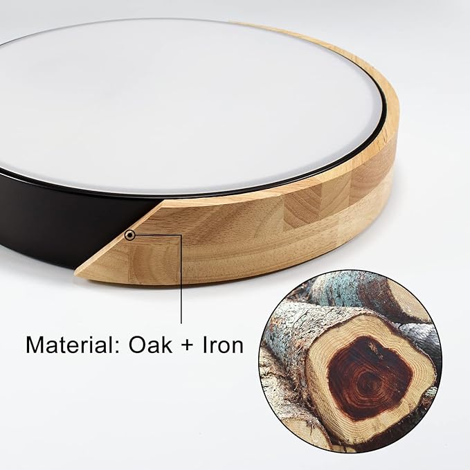 Led Ceiling Light Flush Mount: 12 Inch 24W Bedroom Light Fixture with Round Wood Modern Black Flat Overhead Minimalist Ceiling Lamps for Kitchen Hallway Laundry Cold White 6000K, Not Dimmable