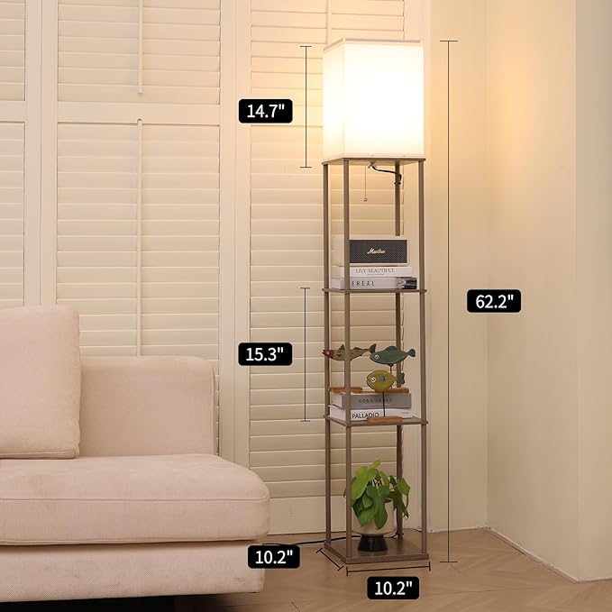 Floor Lamp with Shelves, Modern Square Standing Lamp with 3 Color Temperature Bulb, Corner Display Bookshelf Lamp for Living Room, Bedroom and Office （Grey）