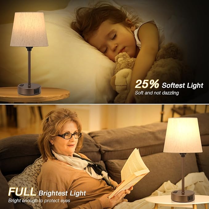 Acaxin Brown Bedside Lamps for bedrooms Set of 2 - Nightstand Bedroom Lamp with USB C Port and AC Outlet Charging, 3 Way Dimmable Touch Control Small Bed Side Table Lamp, Nightstand Light for Kids