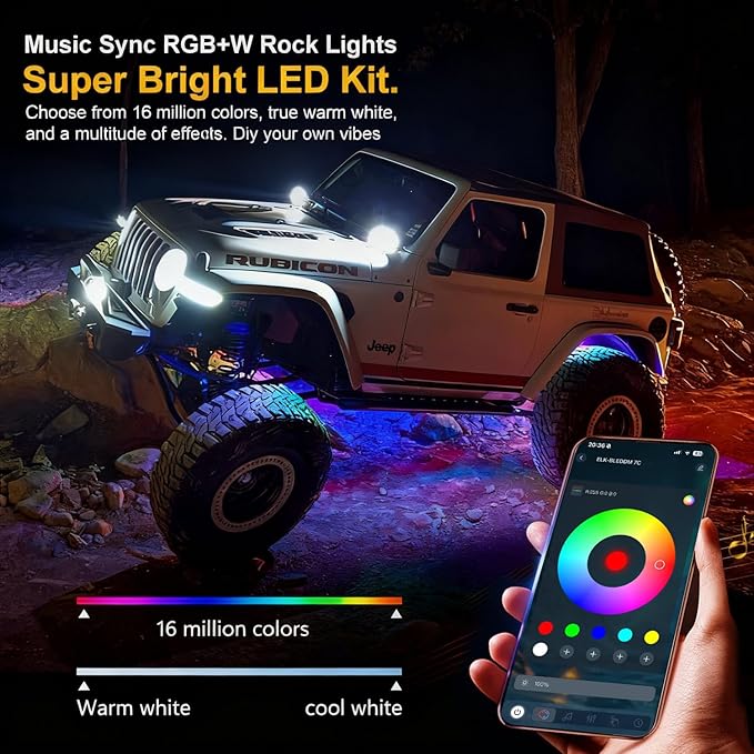 RGB LED Rock Lights Kit, 8 pods Multicolor Neon Light with Bluetooth App/Remote Control Flashing Music Mode, Aluminum Metal, IP68 Waterproof, 12v for Truck ATV UTV SUV