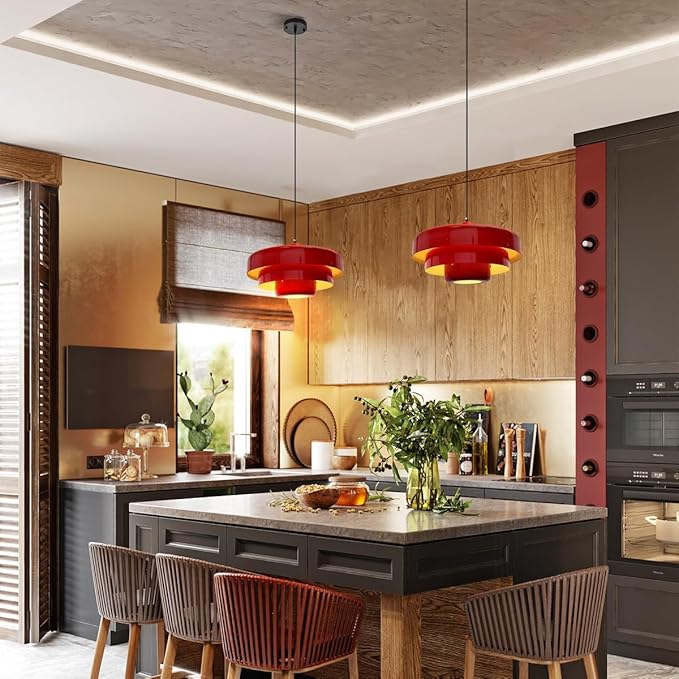 2PCS Red Pendant Lights, Nordic Flush Mount Ceiling Light with E26 Base, Adjustable Farmhouse Hanging Light for Bedroom, Pantry, Bar, Cafe