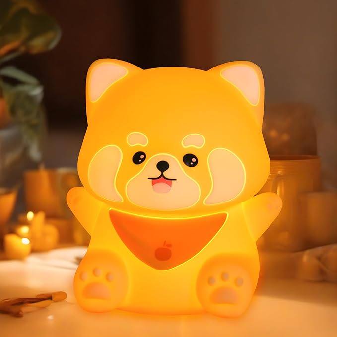 Red Panda Night Light, 50-Hour Battery & Pat Control, Squishy Silicone Lamp for Kids Nursery, USB Rechargeable with Timer, Easter Gifts