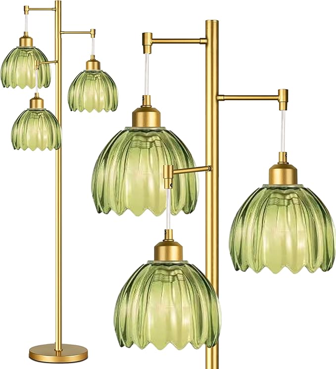 Glass Floor Lamp for Living Room,Bedroom,Gold Mid Century Modern Standing Lamp Brass Tree 3 Light Tall Floor Lamps Vintage Floor Lights Green Tulip Flower Lamp Shade Farmhouse Boho Bohemian