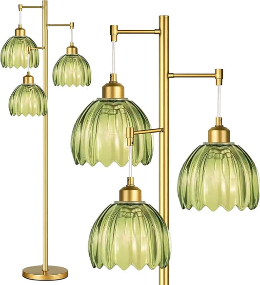 Glass Floor Lamp for Living Room,Bedroom,Gold Mid Century Modern Standing Lamp Brass Tree 3 Light Tall Floor Lamps Vintage Floor Lights Green Tulip Flower Lamp Shade Farmhouse Boho Bohemian