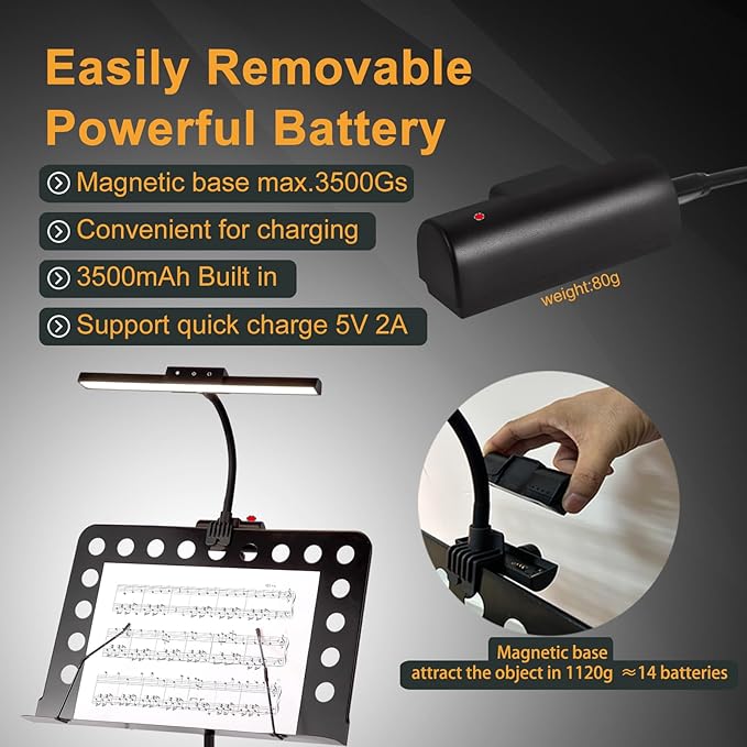 Super Bright Music Stand Light, LED Clip On Light,Magnetic Base, Removable Rechargeable Battery Operated, Long-Lasting USB-C Eye-Care Clamp Lamp, Gooseneck Design for Sheet Music, Black