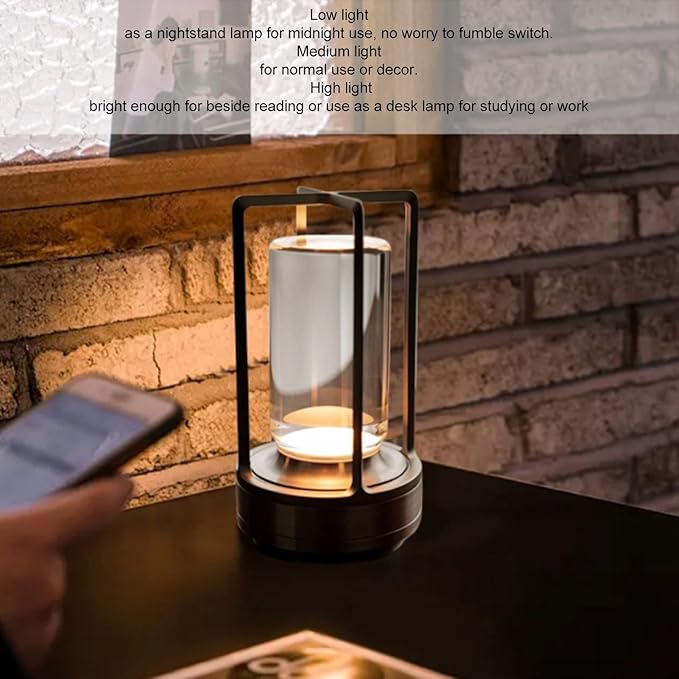 Stylish Cordless Table Lamp 3 Colours Stepless Dimmable LED Table Lamp Rechargeable Touch Lamp Portable Bedside Lamp Nightstand Lamp Table Decorative Lamps (Black)